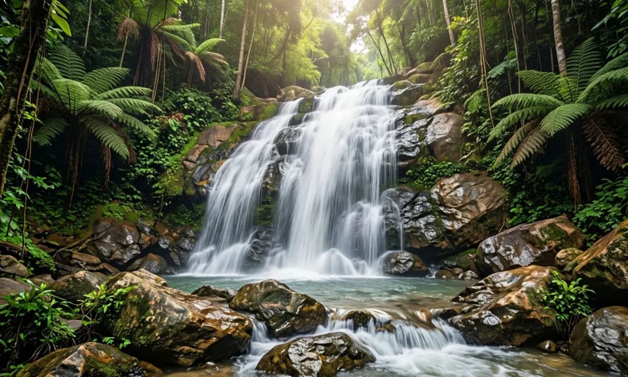водопад Телага-Туджух (Telaga Tujuh, Seven Wells Waterfall) на острове Лангкави, Малайзия