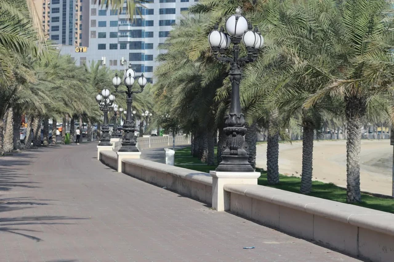 Променад JBR в Дубае с пальмами, фонарями, пляжем и прогулочной зоной у моря.