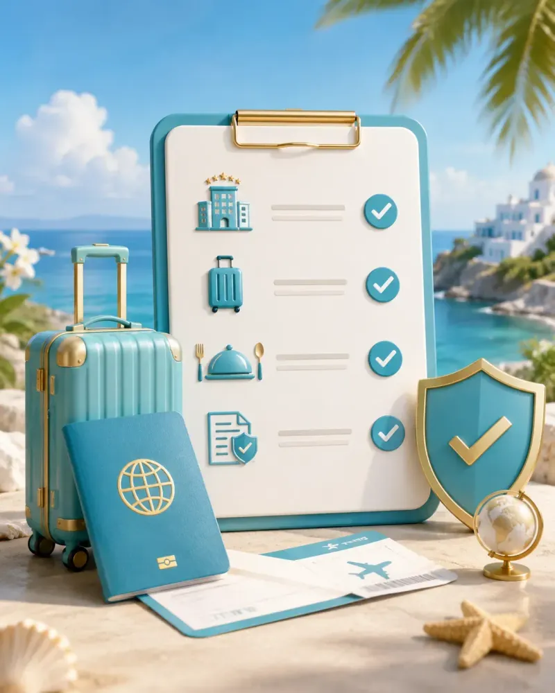 Онлайн-бронирование тура на смартфоне рядом с чемоданом